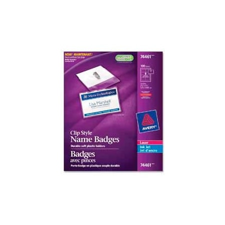 Avery Avery Clip Style Name Badges, 2-1/4" x 3-1/2", Clear, 100/Box 74461